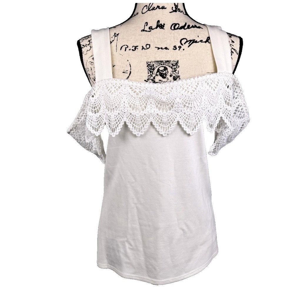French Ivory Tank Top Lace Off The Shoulder Sleeve Soft Sz US L Pastoral Fairy